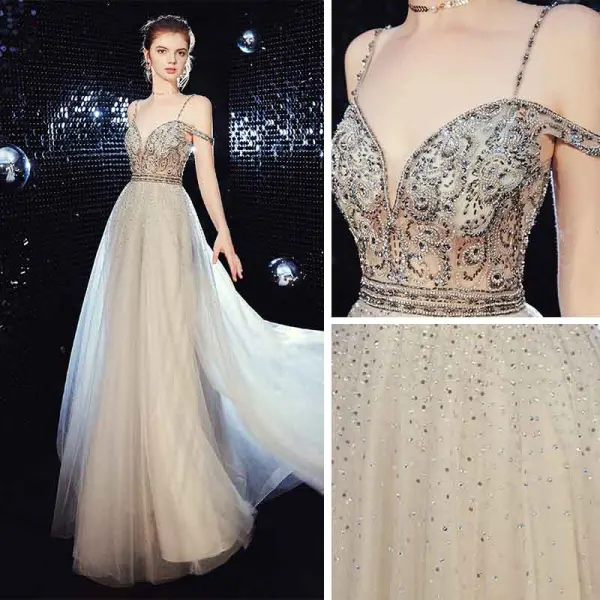 Sexy Champagne Transparentes Robe De Soirée 2020 Princesse Bretelles Spaghetti V-Cou Manches Courtes Perlage Longue Dos Nu Robe De Ceremonie