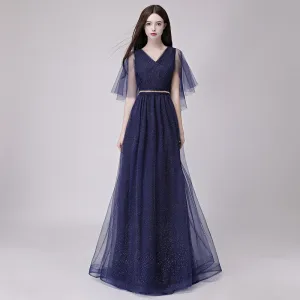 Abordable Bleu Marine Robe De Soirée 2018 Princesse V Cou 1 2 Manches Faux Diamant Ceinture Glitter Tulle Longue Volants Dos Nu Robe De Ceremonie