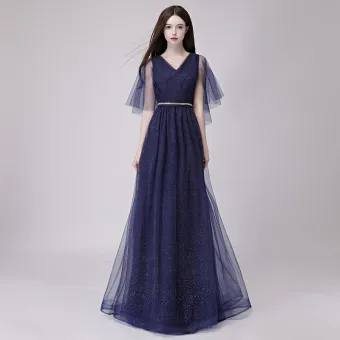Affordable Navy Blue Evening Dresses 2018 A Line Princess V Neck 1 2 Sleeves Rhinestone Sash Glitter Tulle Floor Length Long Ruffle Backless Formal Dresses