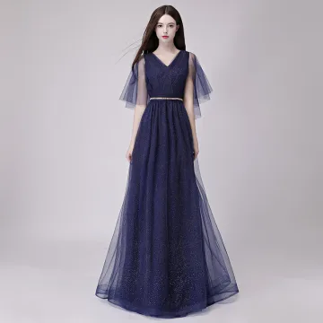 Affordable Navy Blue Evening Dresses 2018 A Line Princess V Neck 1 2 Sleeves Rhinestone Sash Glitter Tulle Floor Length Long Ruffle Backless Formal Dresses