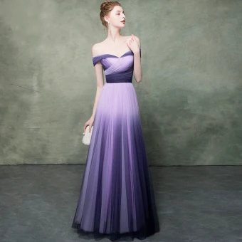 Classy Purple Gradient Color Lavender Evening Dresses 2019 Empire Off The Shoulder Short Sleeve Floor Length Long Formal Dresses Backless Ruffle