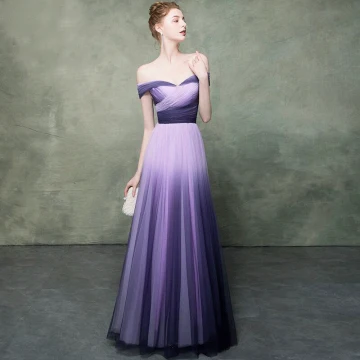Chic Violet Dégradé De Couleur Lavande Robe De Soirée 2019 Empire De L Épaule Manches Courtes Longue Robe De Ceremonie Dos Nu Volants