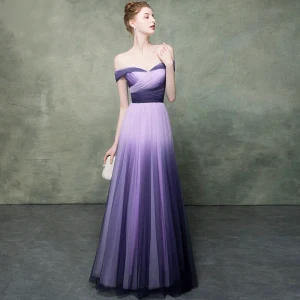 Chic Violet Dégradé De Couleur Lavande Robe De Soirée 2019 Empire De L Épaule Manches Courtes Longue Robe De Ceremonie Dos Nu Volants
