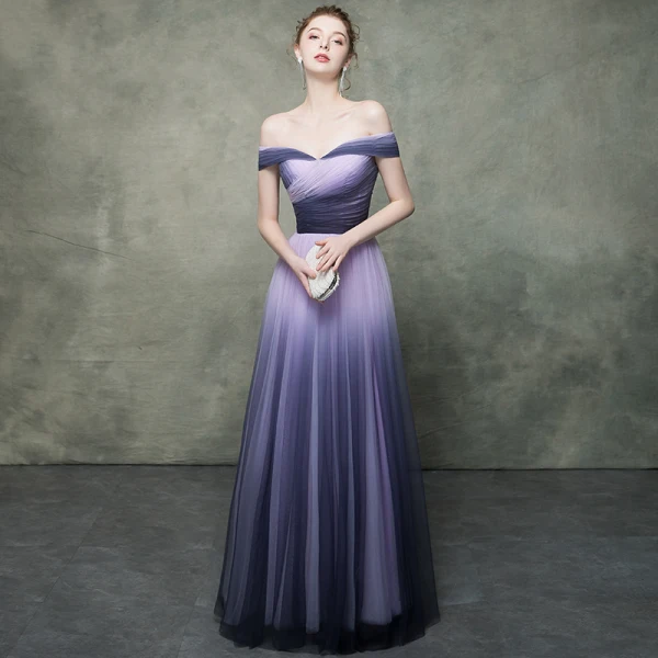 Chic Violet Dégradé De Couleur Lavande Robe De Soirée 2019 Empire De l'épaule Manches Courtes Longue Robe De Ceremonie Dos Nu Volants