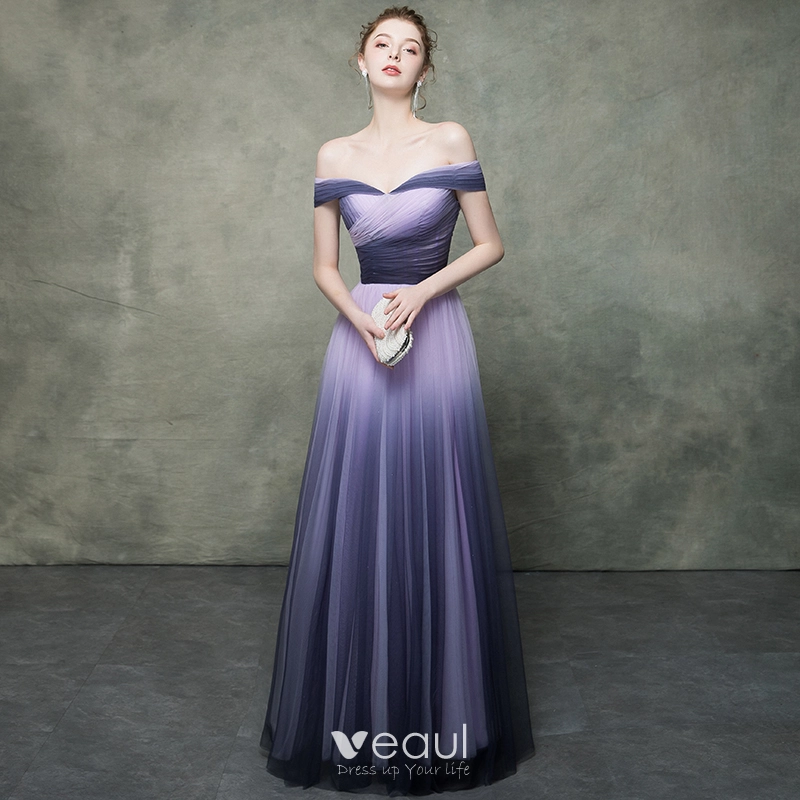 Chic Violet Degrade De Couleur Lavande Robe De Soiree 2019 Empire De l epaule Manches Courtes Longue Robe De Ceremonie Dos Nu Volants