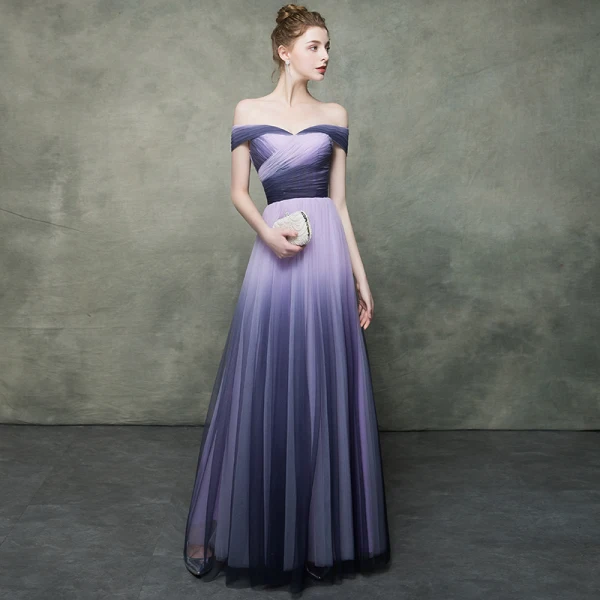 Chic Violet Dégradé De Couleur Lavande Robe De Soirée 2019 Empire De l'épaule Manches Courtes Longue Robe De Ceremonie Dos Nu Volants