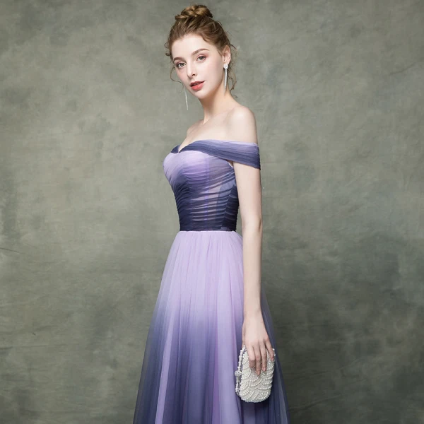 Chic Violet Dégradé De Couleur Lavande Robe De Soirée 2019 Empire De l'épaule Manches Courtes Longue Robe De Ceremonie Dos Nu Volants