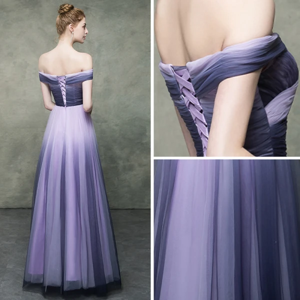 Chic Violet Dégradé De Couleur Lavande Robe De Soirée 2019 Empire De l'épaule Manches Courtes Longue Robe De Ceremonie Dos Nu Volants