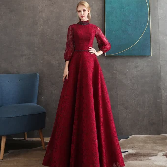 Vintage Originale Bordeaux Dentelle Robe De Soirée 2020 Princesse Col Haut Gonflée 3 4 Manches Perlage Ceinture Longue Dos Nu Robe De Ceremonie