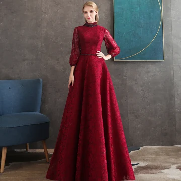 Vintage Retro Burgundy Lace Evening Dresses 2020 A Line Princess High Neck Puffy 3 4 Sleeve Beading Sash Floor Length Long Backless Formal Dresses