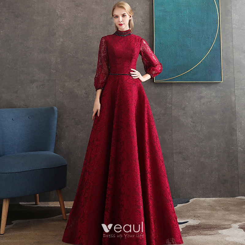 Vintage / Retro Burgundy Lace Evening Dresses 2020 A-Line / Princess High Neck Puffy 3/4 Sleeve Beading Sash Floor-Length / Long Backless Formal