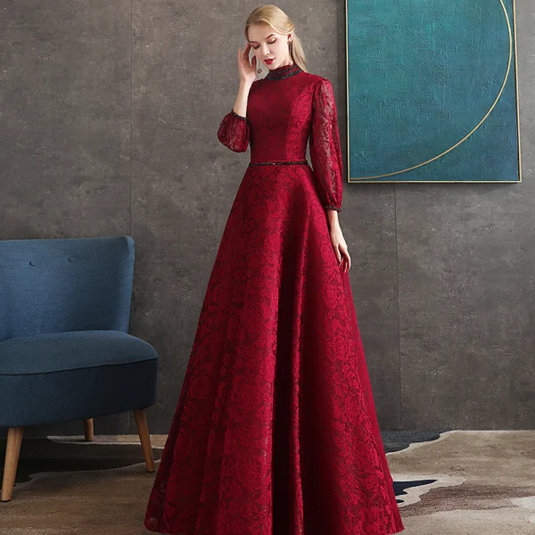 Vintage / Retro Burgundy Lace Evening Dresses 2020 A-Line / Princess High Neck Puffy 3/4 Sleeve Beading Sash Floor-Length / Long Backless Formal Dresses