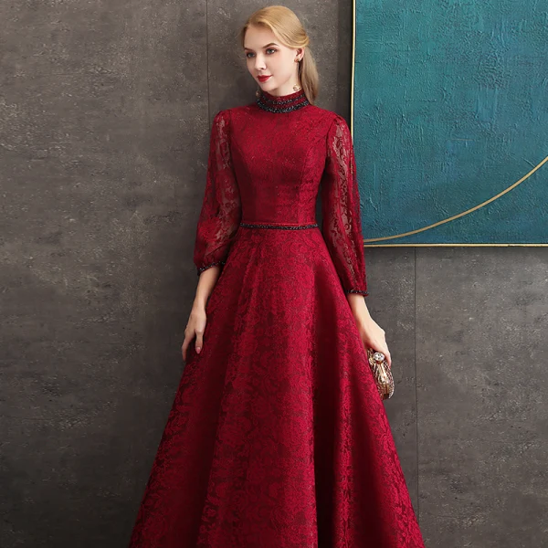 Vintage / Retro Burgundy Lace Evening Dresses 2020 A-Line / Princess High Neck Puffy 3/4 Sleeve Beading Sash Floor-Length / Long Backless Formal Dresses