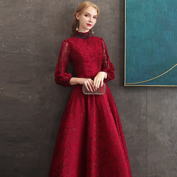 Vintage / Retro Burgundy Lace Evening Dresses 2020 A-Line / Princess High Neck Puffy 3/4 Sleeve Beading Sash Floor-Length / Long Backless Formal Dresses