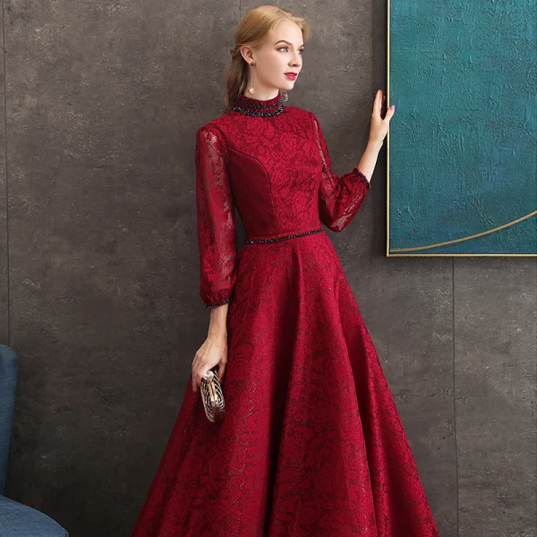 Vintage / Retro Burgundy Lace Evening Dresses 2020 A-Line / Princess High Neck Puffy 3/4 Sleeve Beading Sash Floor-Length / Long Backless Formal Dresses