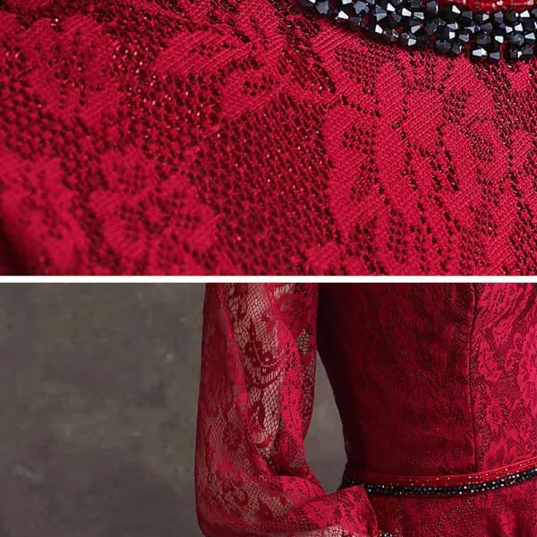 Vintage / Retro Burgundy Lace Evening Dresses 2020 A-Line / Princess High Neck Puffy 3/4 Sleeve Beading Sash Floor-Length / Long Backless Formal Dresses