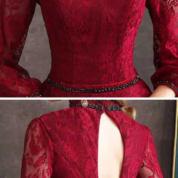Vintage / Retro Burgundy Lace Evening Dresses 2020 A-Line / Princess High Neck Puffy 3/4 Sleeve Beading Sash Floor-Length / Long Backless Formal Dresses