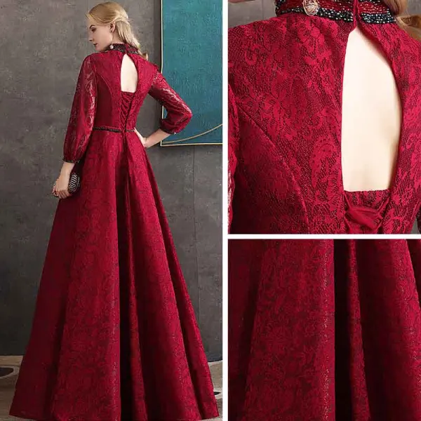 Vintage / Retro Burgundy Lace Evening Dresses 2020 A-Line / Princess High Neck Puffy 3/4 Sleeve Beading Sash Floor-Length / Long Backless Formal Dresses