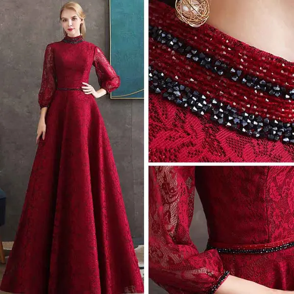 Vintage / Retro Burgundy Lace Evening Dresses 2020 A-Line / Princess High Neck Puffy 3/4 Sleeve Beading Sash Floor-Length / Long Backless Formal Dresses
