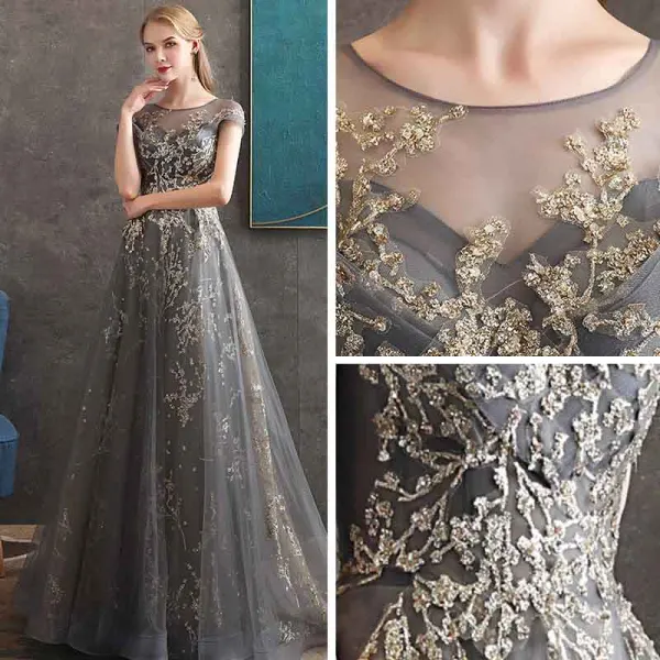 Elegante Grau Abendkleider 2020 A Linie Durchsichtige Rundhalsausschnitt Kurze Ärmel Perlenstickerei Glanz Tülle Sweep / Pinsel Zug Rüschen Rückenfreies Festliche Kleider