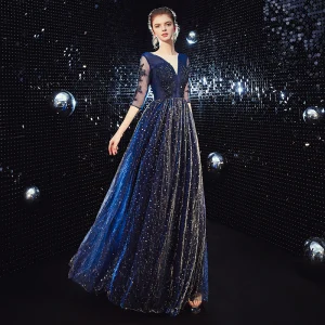 Abordable Bleu Roi Robe De Soirée 2020 Princesse Transparentes V Cou 3 4 Manches Appliques En Dentelle Perlage Glitter Tulle Longue Volants Dos Nu Robe De Ceremonie