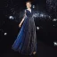 Affordable Royal Blue Evening Dresses  2020 A-Line / Princess See-through V-Neck 3/4 Sleeve Appliques Lace Beading Glitter Tulle Floor-Length / Long Ruffle Backless Formal Dresses