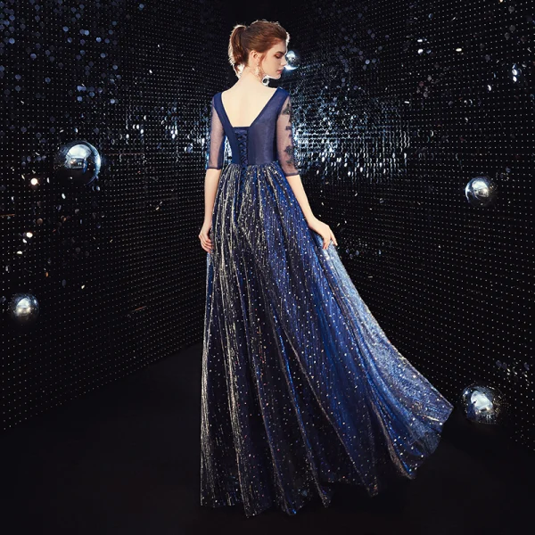 Affordable Royal Blue Evening Dresses 2020 A-Line / Princess See-through V-Neck 3/4 Sleeve Appliques Lace Beading Glitter Tulle Floor-Length / Long Ruffle Backless Formal Dresses
