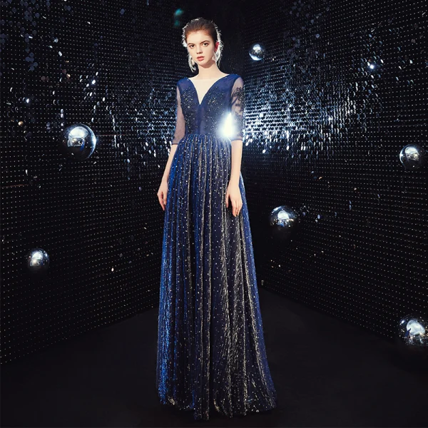 Affordable Royal Blue Evening Dresses 2020 A-Line / Princess See-through V-Neck 3/4 Sleeve Appliques Lace Beading Glitter Tulle Floor-Length / Long Ruffle Backless Formal Dresses