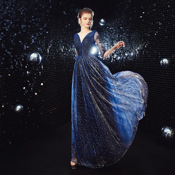 Affordable Royal Blue Evening Dresses 2020 A-Line / Princess See-through V-Neck 3/4 Sleeve Appliques Lace Beading Glitter Tulle Floor-Length / Long Ruffle Backless Formal Dresses