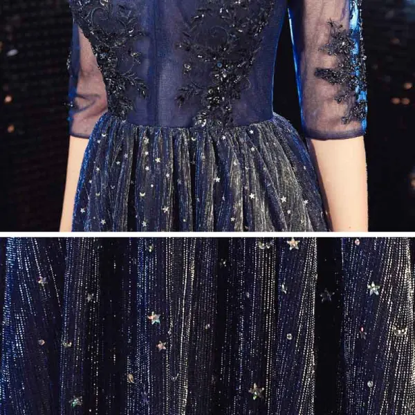Affordable Royal Blue Evening Dresses 2020 A-Line / Princess See-through V-Neck 3/4 Sleeve Appliques Lace Beading Glitter Tulle Floor-Length / Long Ruffle Backless Formal Dresses