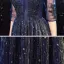 Affordable Royal Blue Evening Dresses  2020 A-Line / Princess See-through V-Neck 3/4 Sleeve Appliques Lace Beading Glitter Tulle Floor-Length / Long Ruffle Backless Formal Dresses