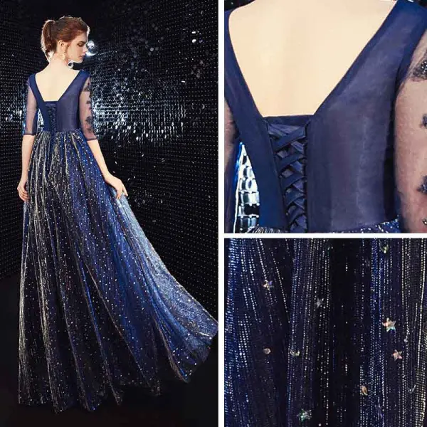 Affordable Royal Blue Evening Dresses 2020 A-Line / Princess See-through V-Neck 3/4 Sleeve Appliques Lace Beading Glitter Tulle Floor-Length / Long Ruffle Backless Formal Dresses