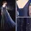 Affordable Royal Blue Evening Dresses  2020 A-Line / Princess See-through V-Neck 3/4 Sleeve Appliques Lace Beading Glitter Tulle Floor-Length / Long Ruffle Backless Formal Dresses