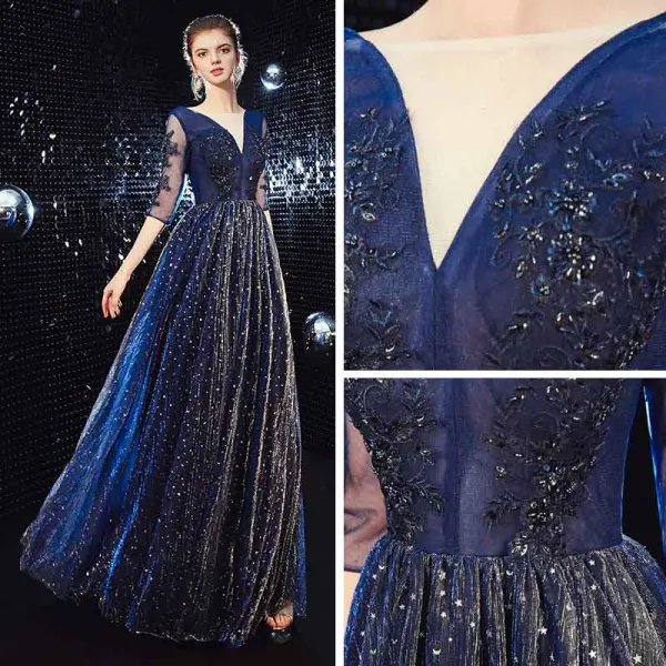 Affordable Royal Blue Evening Dresses 2020 A-Line / Princess See-through V-Neck 3/4 Sleeve Appliques Lace Beading Glitter Tulle Floor-Length / Long Ruffle Backless Formal Dresses