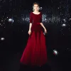 Affordable Burgundy Suede Evening Dresses  2020 A-Line / Princess Scoop Neck 1/2 Sleeves Sash Floor-Length / Long Backless Formal Dresses