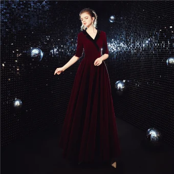 Affordable Suede Burgundy Winter Evening Dresses 2020 A Line Princess V Neck 1 2 Sleeves Sash Floor Length Long Formal Dresses