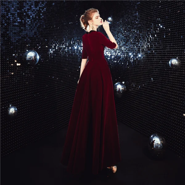 Affordable Suede Burgundy Winter Evening Dresses 2020 A-Line / Princess V-Neck 1/2 Sleeves Sash Floor-Length / Long Formal Dresses