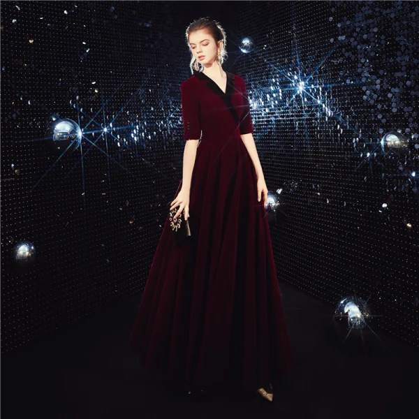 Affordable Suede Burgundy Winter Evening Dresses 2020 A-Line / Princess V-Neck 1/2 Sleeves Sash Floor-Length / Long Formal Dresses