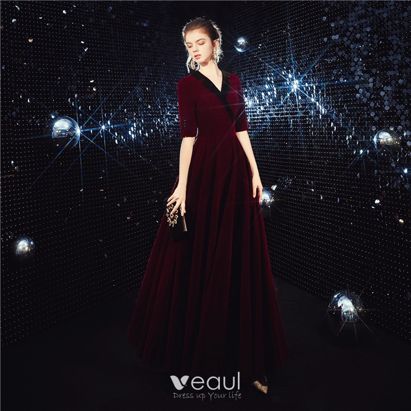 Veaul Affordable Suede Burgundy Winter Evening Dresses 2020 A Line Princess V Neck 1 2 Sash