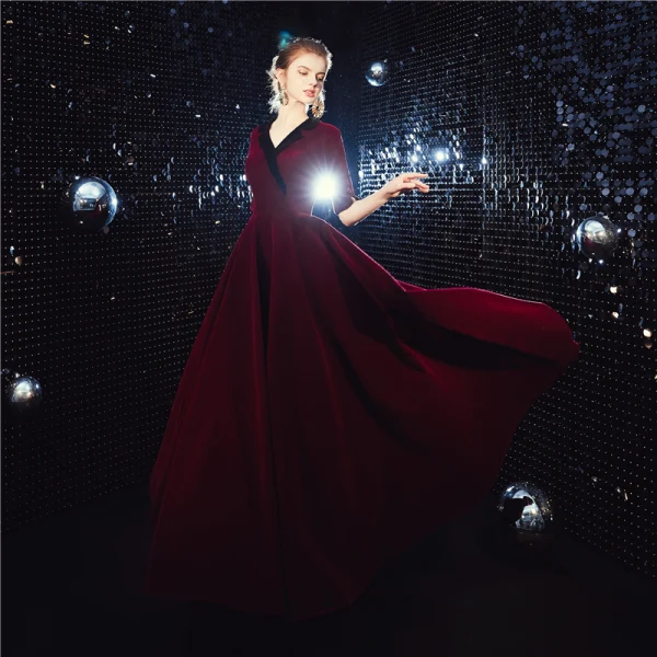 Affordable Suede Burgundy Winter Evening Dresses 2020 A-Line / Princess V-Neck 1/2 Sleeves Sash Floor-Length / Long Formal Dresses
