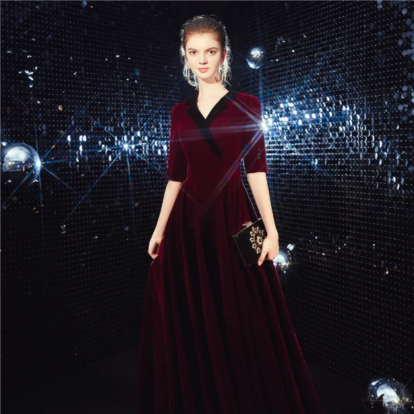 Affordable Suede Burgundy Winter Evening Dresses 2020 A-Line / Princess V-Neck 1/2 Sleeves Sash Floor-Length / Long Formal Dresses