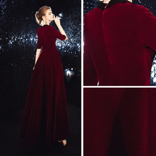 Affordable Suede Burgundy Winter Evening Dresses 2020 A-Line / Princess V-Neck 1/2 Sleeves Sash Floor-Length / Long Formal Dresses