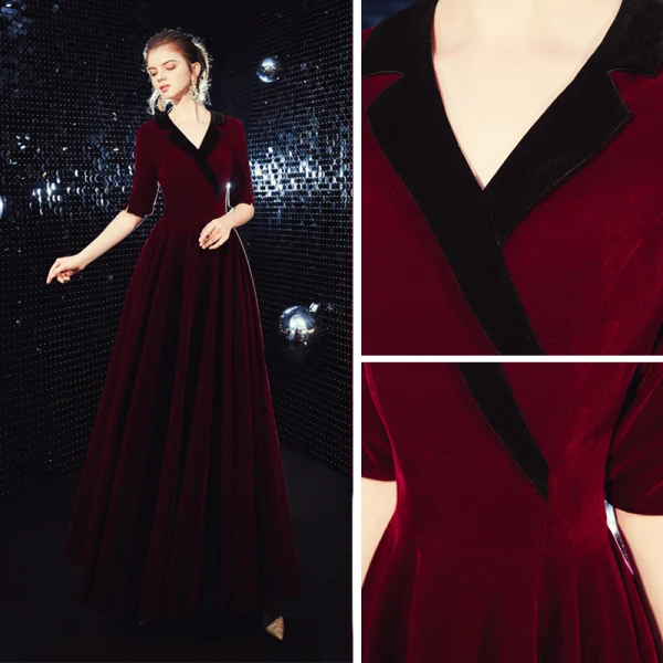 Affordable Suede Burgundy Winter Evening Dresses 2020 A-Line / Princess V-Neck 1/2 Sleeves Sash Floor-Length / Long Formal Dresses