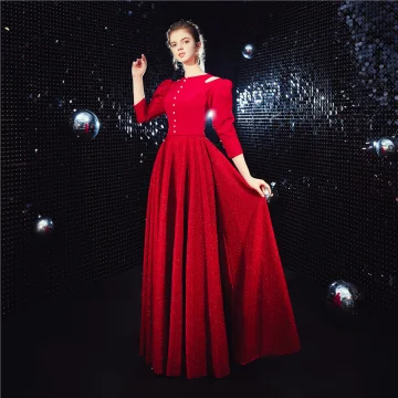 Vintage Röd Aftonklänningar 2020 Prinsessa Urringning Pösigt 3 4 Ärm Glittriga Glitter Polyester Långa Ruffle Formella Klänningar