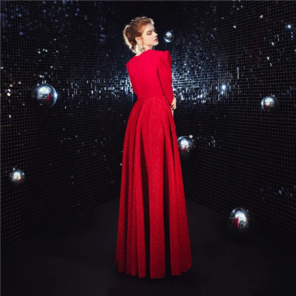 Vintage Rot Abendkleider 2020 A Linie Rundhalsausschnitt Geschwollenes 3/4 Ärmel Glanz Polyester Lange Rüschen Festliche Kleider