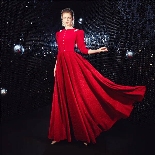 Vintage Rot Abendkleider 2020 A Linie Rundhalsausschnitt Geschwollenes 3/4 Ärmel Glanz Polyester Lange Rüschen Festliche Kleider