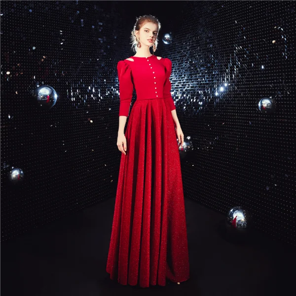 Vintage Rot Abendkleider 2020 A Linie Rundhalsausschnitt Geschwollenes 3/4 Ärmel Glanz Polyester Lange Rüschen Festliche Kleider