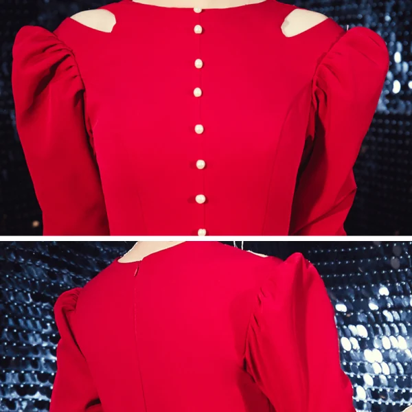 Vintage Rot Abendkleider 2020 A Linie Rundhalsausschnitt Geschwollenes 3/4 Ärmel Glanz Polyester Lange Rüschen Festliche Kleider