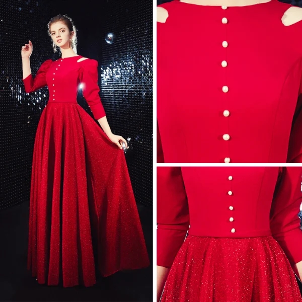 Vintage Rot Abendkleider 2020 A Linie Rundhalsausschnitt Geschwollenes 3/4 Ärmel Glanz Polyester Lange Rüschen Festliche Kleider