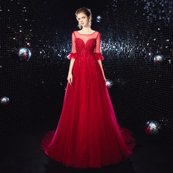 Élégant Bordeaux Transparentes Robe De Soirée 2020 Princesse Encolure Carrée 1 2 Manches Appliques En Dentelle Perlage Train De Balayage Volants Dos Nu Robe De Ceremonie